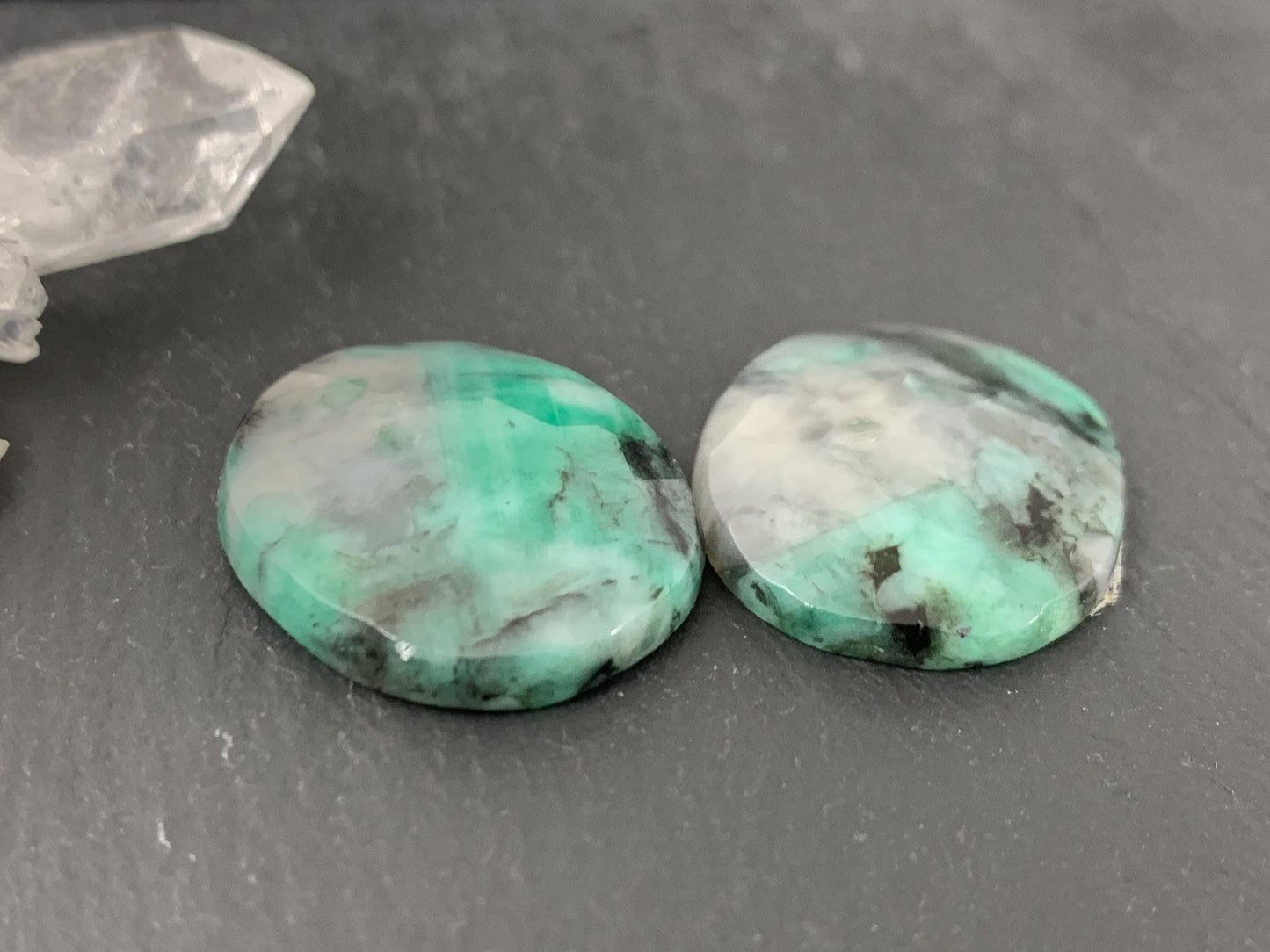 Faceted Emerald Pair 19x21x5mm Cabochons