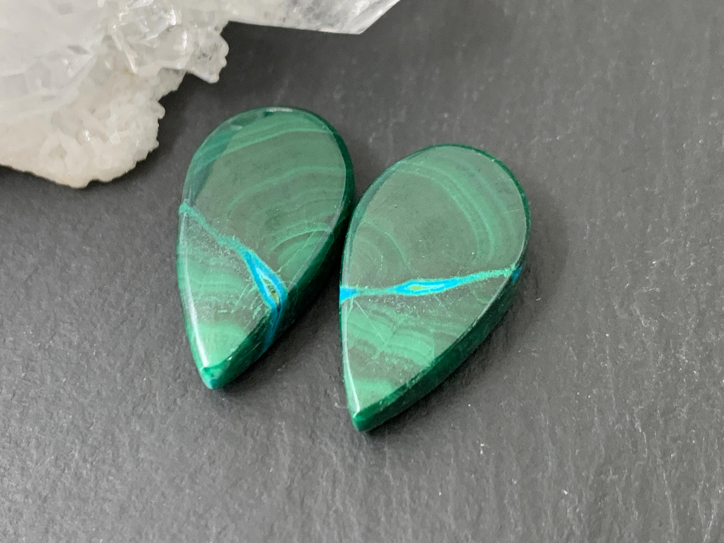 Malachite Chrysocolla pear 12x21x4.5mm cabochon pair