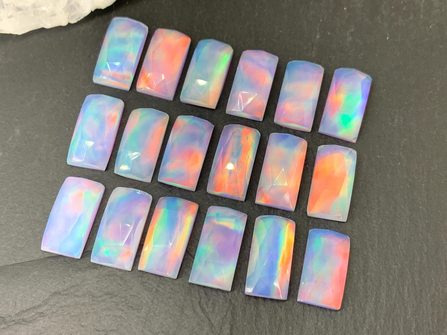 Faceted Aurora Opal rectangle 8x15-16mm cabochon - Doublet cabochon