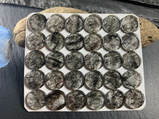 Flat Black Rutilated Quartz round 12mm cabochon - Calibrated cabochons