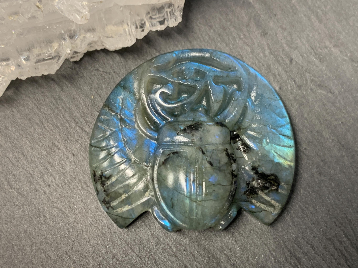 Labradorite Scarab Carving: Ancient Egyptian Eye of Horus Symbol of Protection (34x30mm)