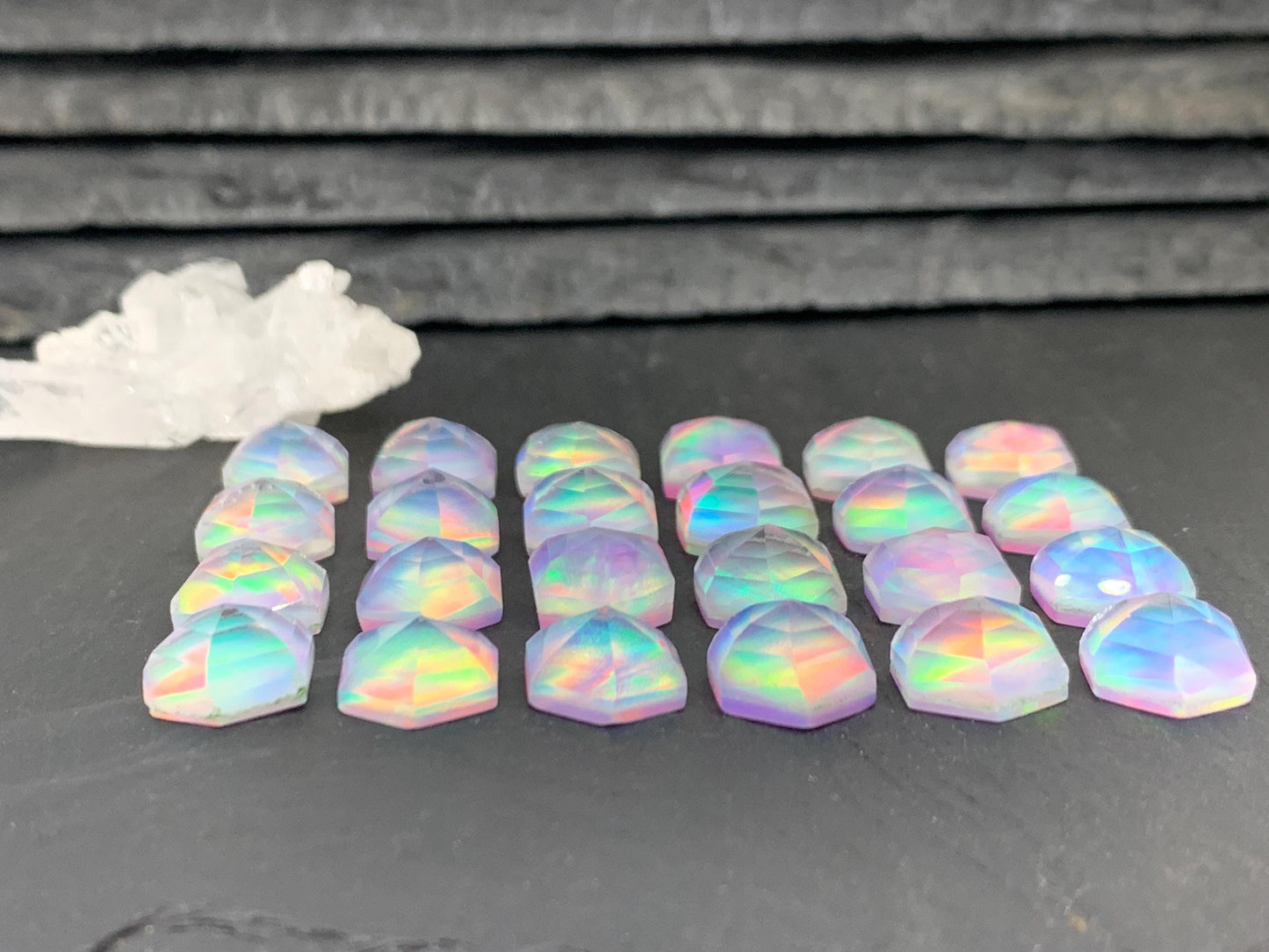Faceted Aurora Opal hexagon 10mm cabochon - Doublet cabochons - man made Opal