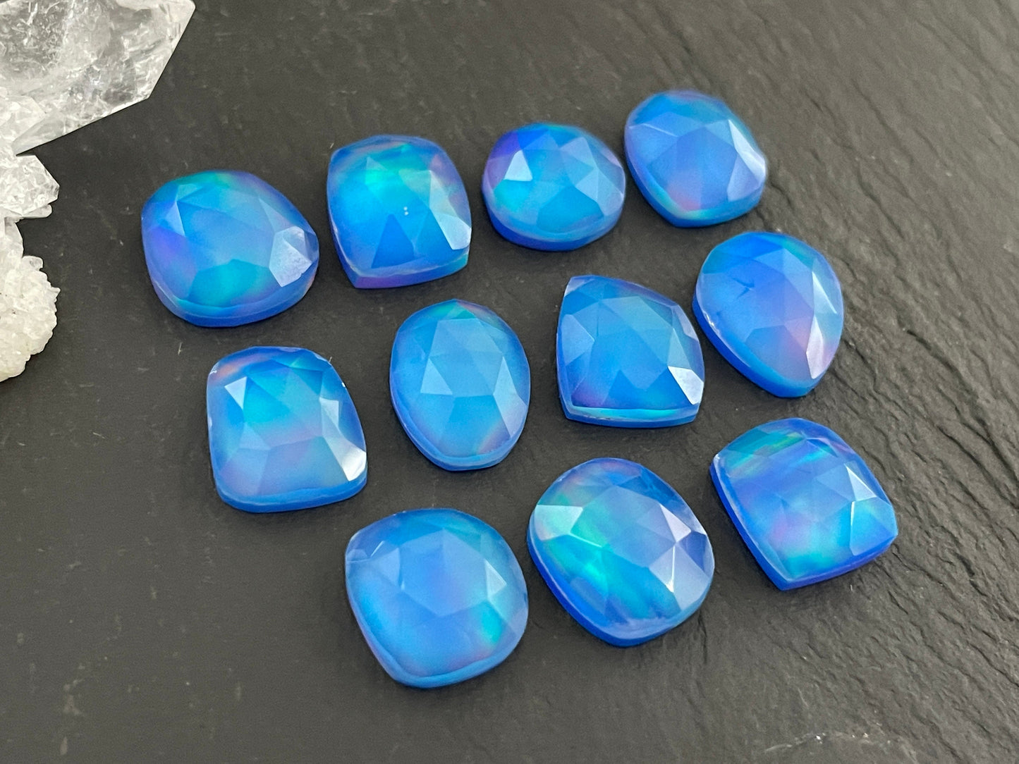 Faceted Aurora Opal 11-12mm long cabochon - Doublet cabochons