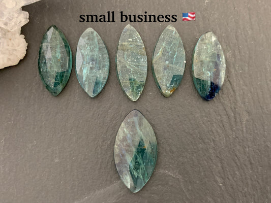 Faceted Emerald Green Kyanite marquise 21-22mm long cabochon