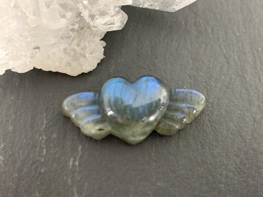 Labradorite Heart with Wings 25x11mm. Hand Carved Gemstone