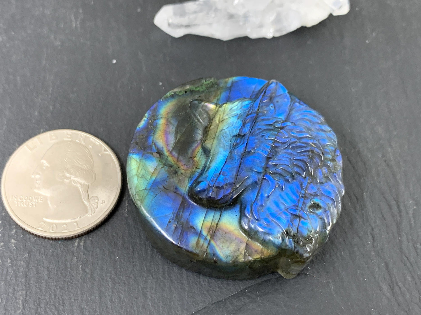 Wolf Labradorite Carving - Natural 40mm Flat Back Gemstone Wolf Shape