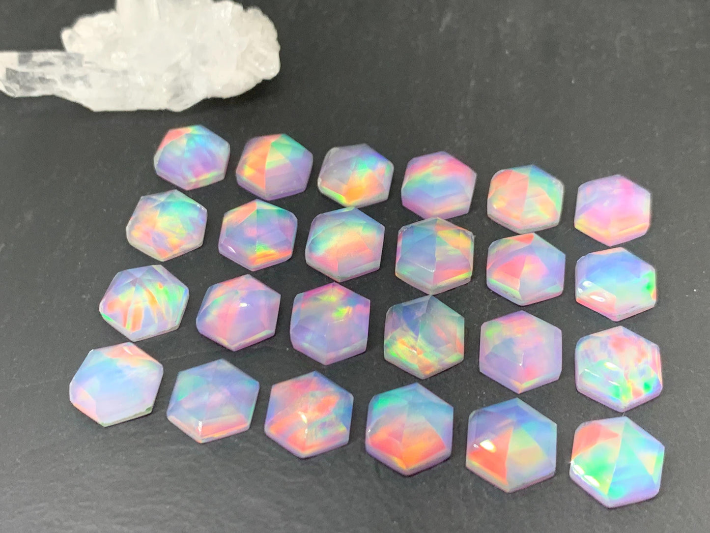 Faceted Aurora Opal hexagon 10mm cabochon - Doublet cabochons - man made Opal