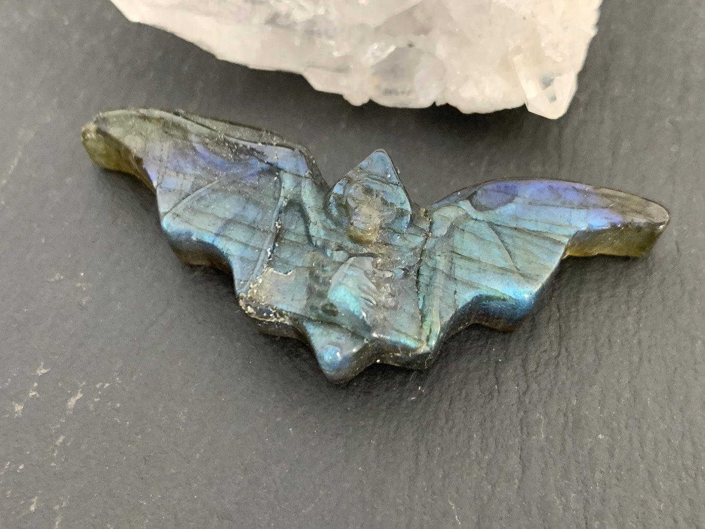Discounted Labradorite skeleton bat 19x48mm flat back carving