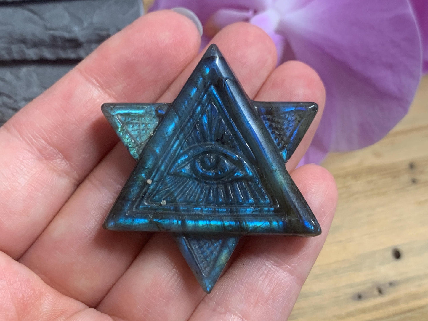 Labradorite Crystal Carving Merkaba Star All Seeing Eye Gift Art