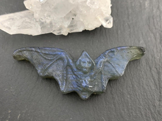 Labradorite skeleton bat 19x49mm flat back carving