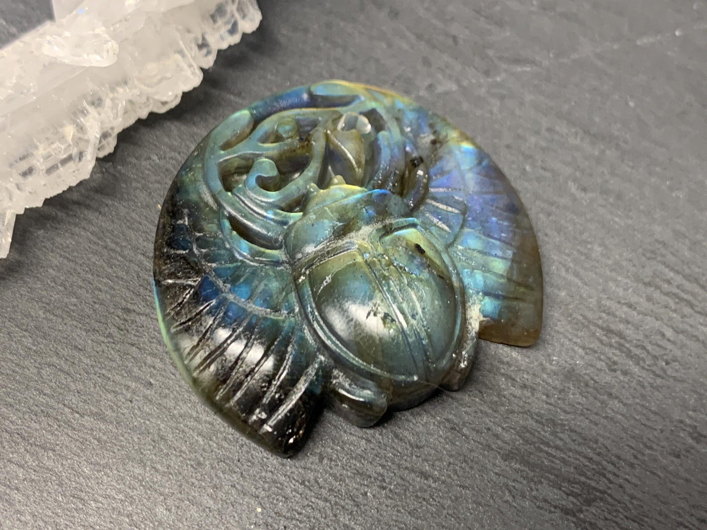Labradorite Scarab Carving: Ancient Egyptian Eye of Horus Symbol of Protection (34x31mm)