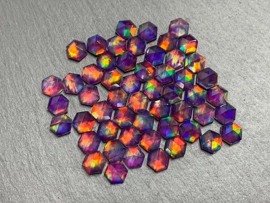 Faceted Aurora Opal hexagon 7mm & 8mm cabochon - doublet cabochons