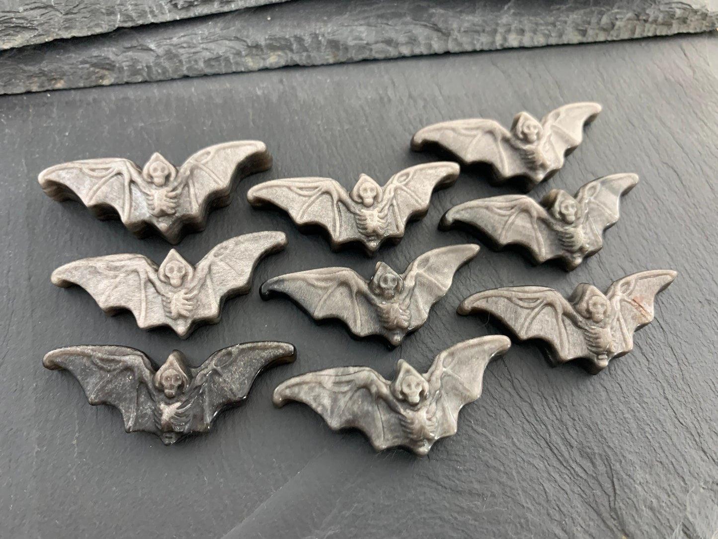 Silver Obsidian Bat Carving - Flat Back Carving
