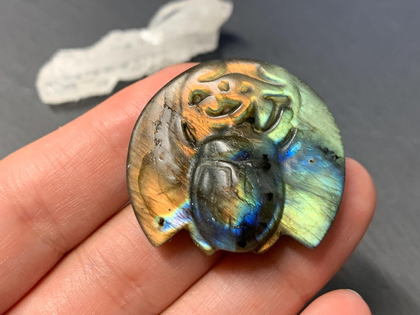 Labradorite Scarab Carving: Ancient Egyptian Eye of Horus Symbol of Protection (34x31mm)
