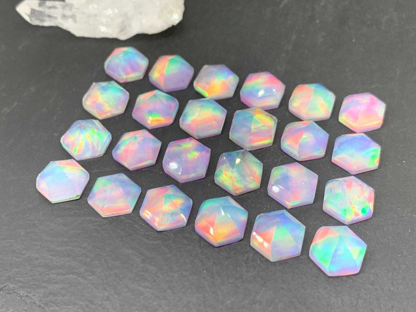 Faceted Aurora Opal hexagon 10mm cabochon - Doublet cabochons - man made Opal