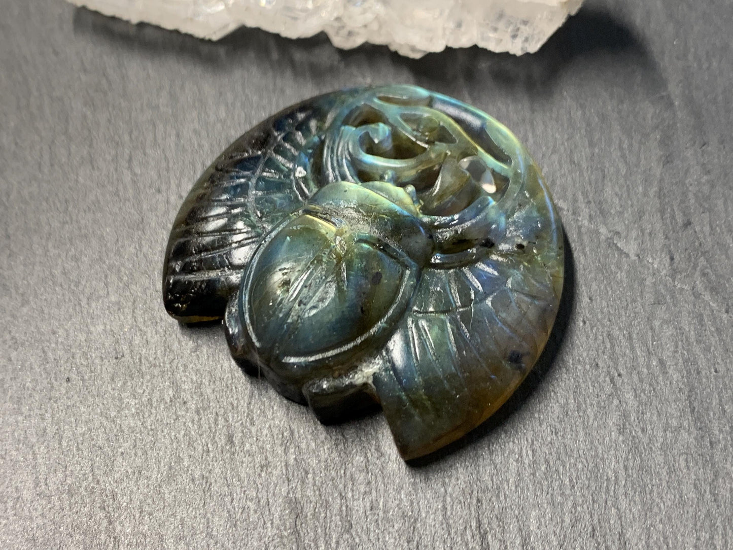 Labradorite Scarab Carving: Ancient Egyptian Eye of Horus Symbol of Protection (34x31mm)