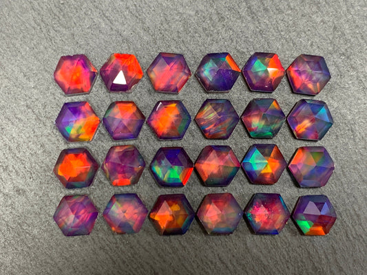 Faceted Aurora Opal hexagon 8mm cabochon - Doublet cabochons