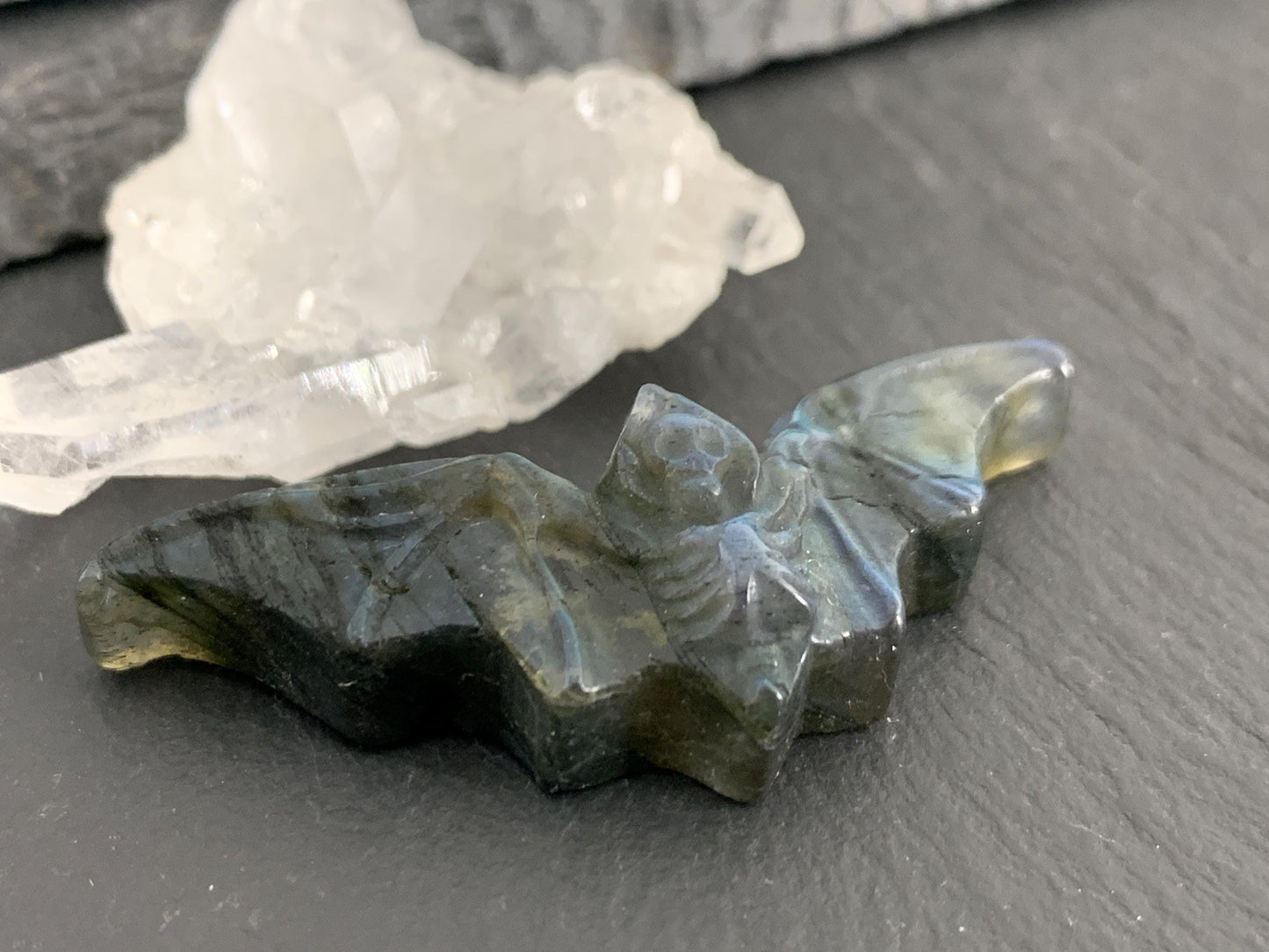 Labradorite skeleton bat 18x48mm flat back carving