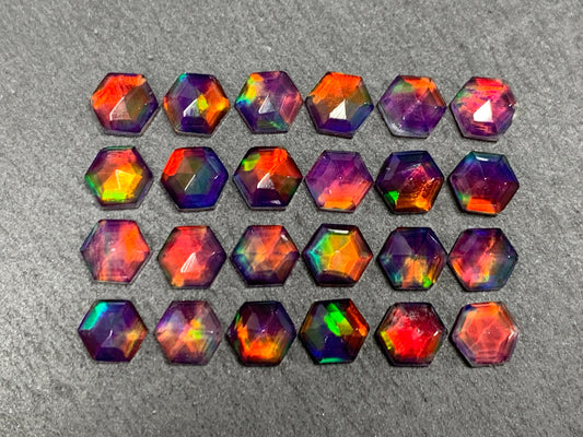 Faceted Aurora Opal hexagon 7mm cabochon - Doublet cabochons