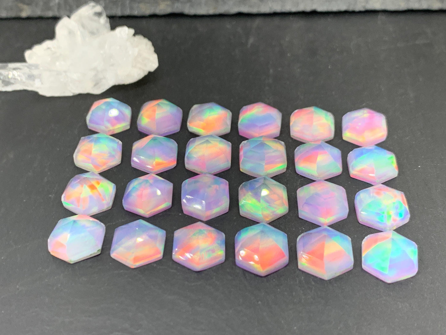 Faceted Aurora Opal hexagon 10mm cabochon - Doublet cabochons - man made Opal