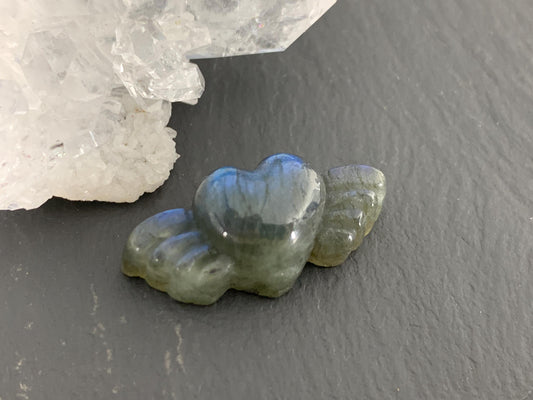 Labradorite Heart with Wings 25x11mm. Hand Carved Gemstone